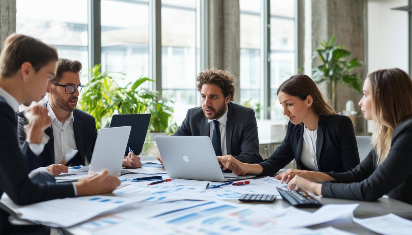 A modern, welllit office setting with a diverse group of professionals collaborating over financial documents and laptops