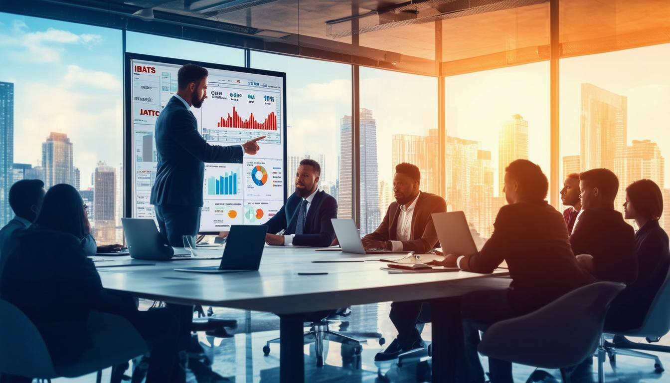 A professional and modern digital illustration depicting a highstakes business meeting in a sleek, welllit office with large windows showcasing a city
