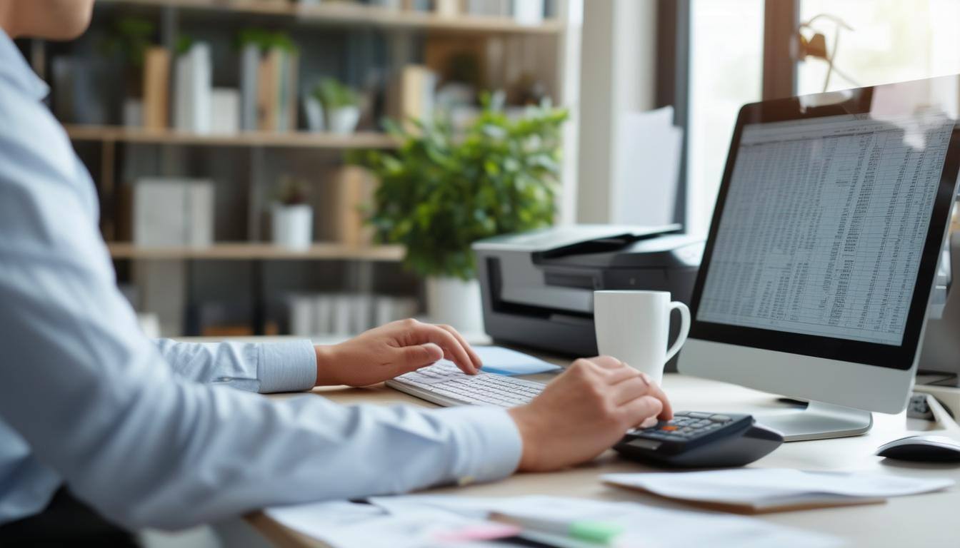 A professional bookkeeper is seated at a clean, organized desk in a modern office environment