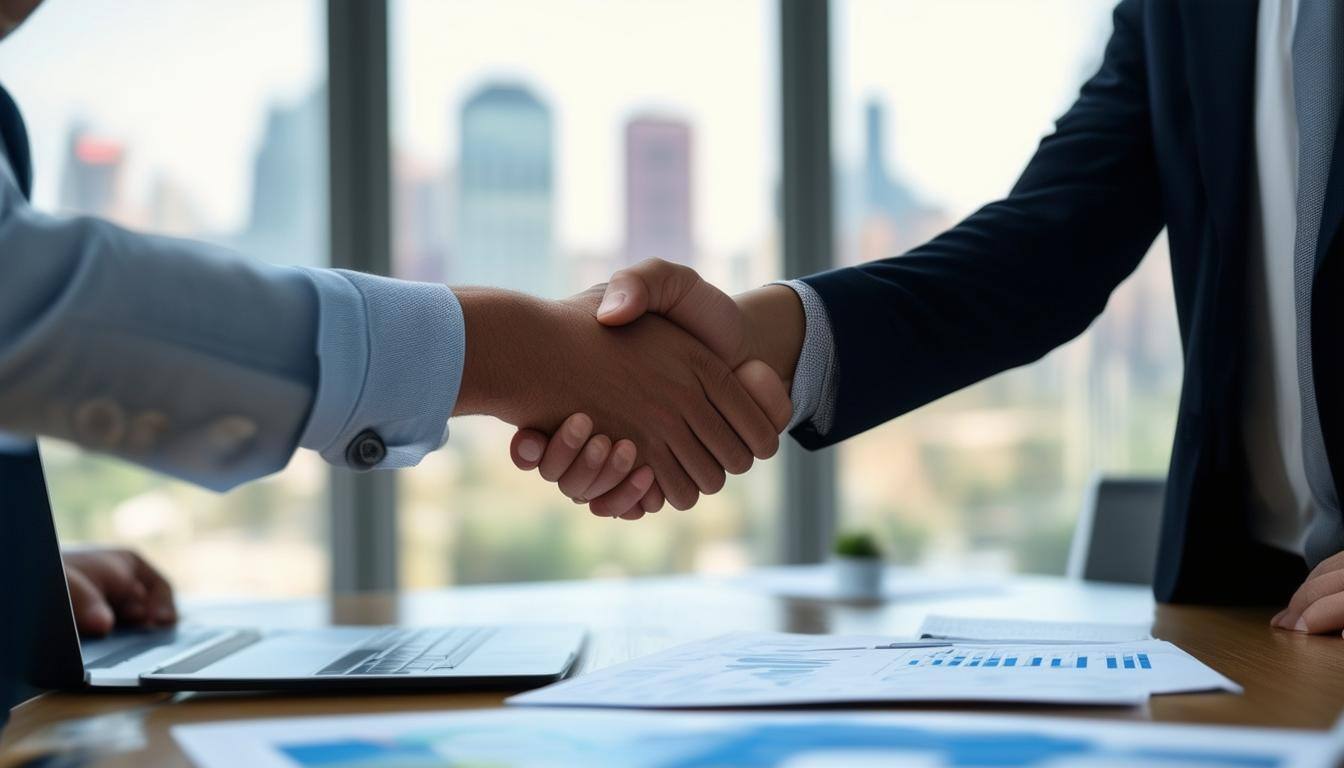 A professional business setting with two individuals shaking hands across a sleek modern conference table, symbolizing a strong partnership
