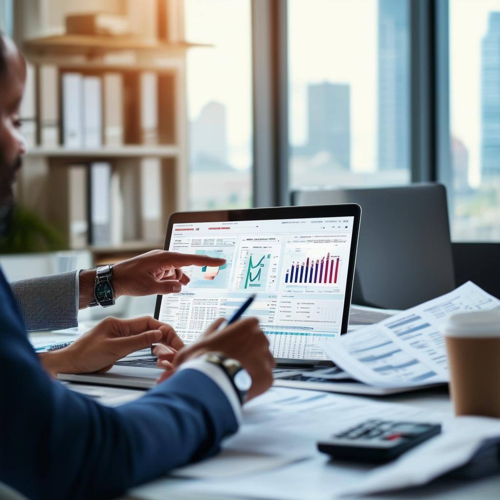 Create an image of a professional accountant having a discussion with clients in a modern office setting