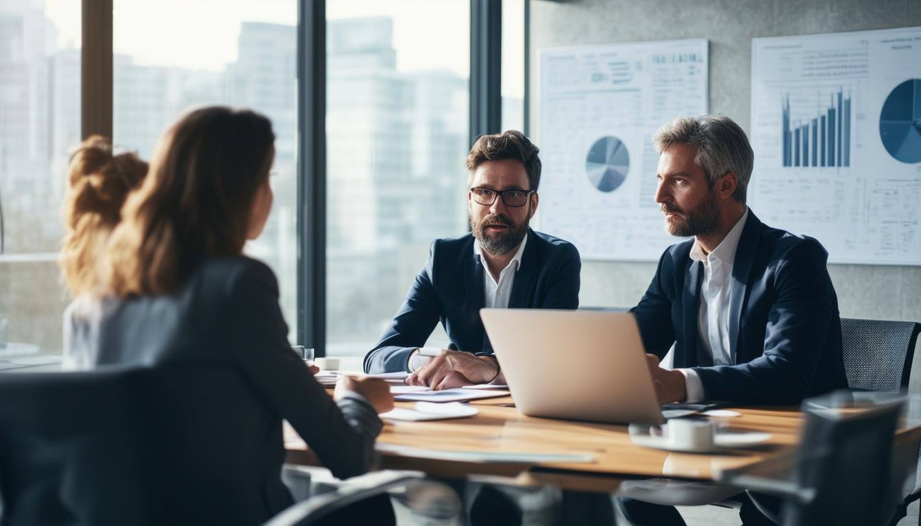 Here’s a refined image description focusing on a facetoface business advisory session with a more subtle and professional approach Scene SettingA mod