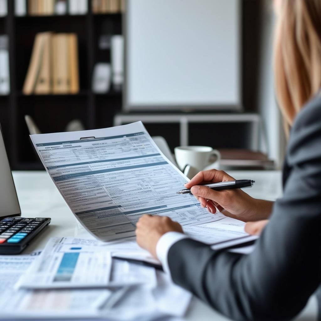 The image depicts an accounting professional and a client engaged in a tax consultation